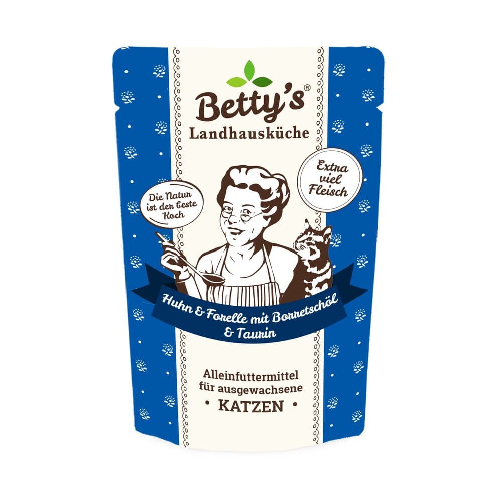Betty's Nassfutter Huhn mit Forelle im Pouchbeutel für Katzen